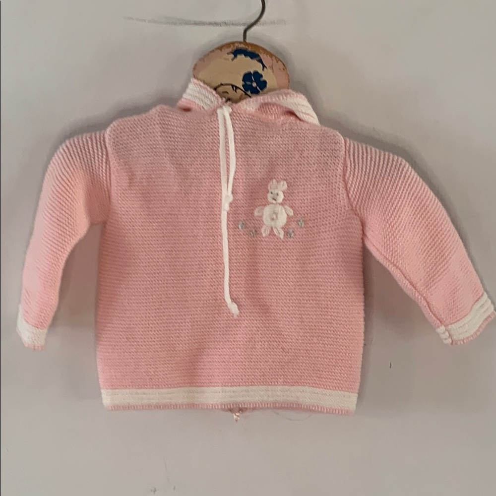 Blue Bird pink and white hooded sweater with fuzzy bunny Size 12 months